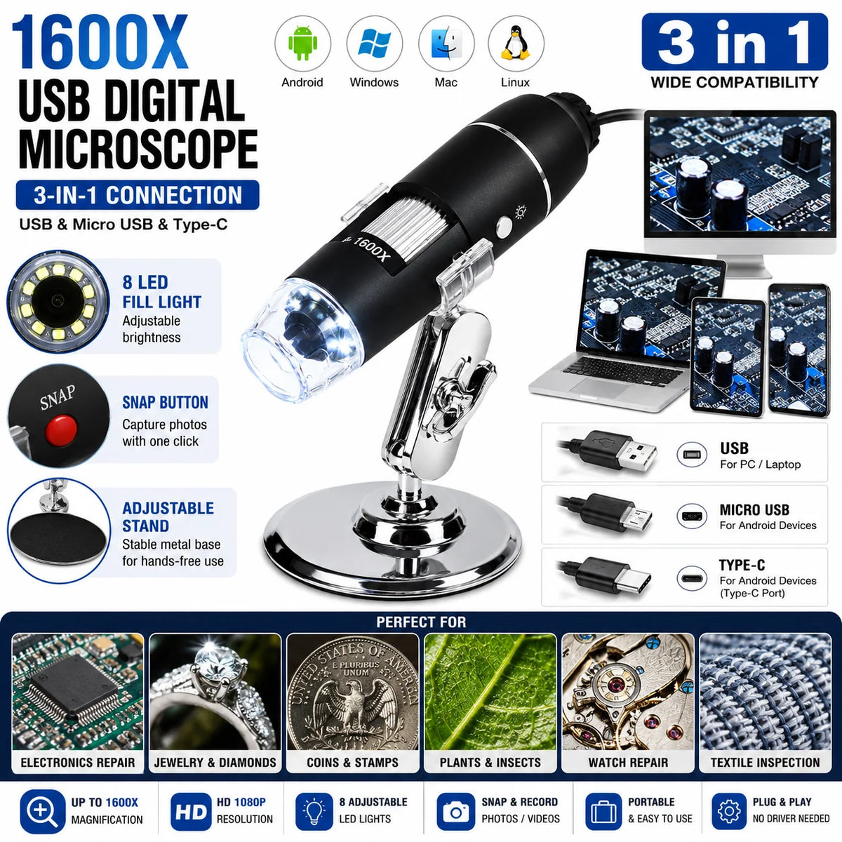 1600X USB Digital Microscope 8 LED HD Magnifier Camera 3-In-1 Type-C Micro USB For Android PC Electronics Jewelry Coin Inspection
