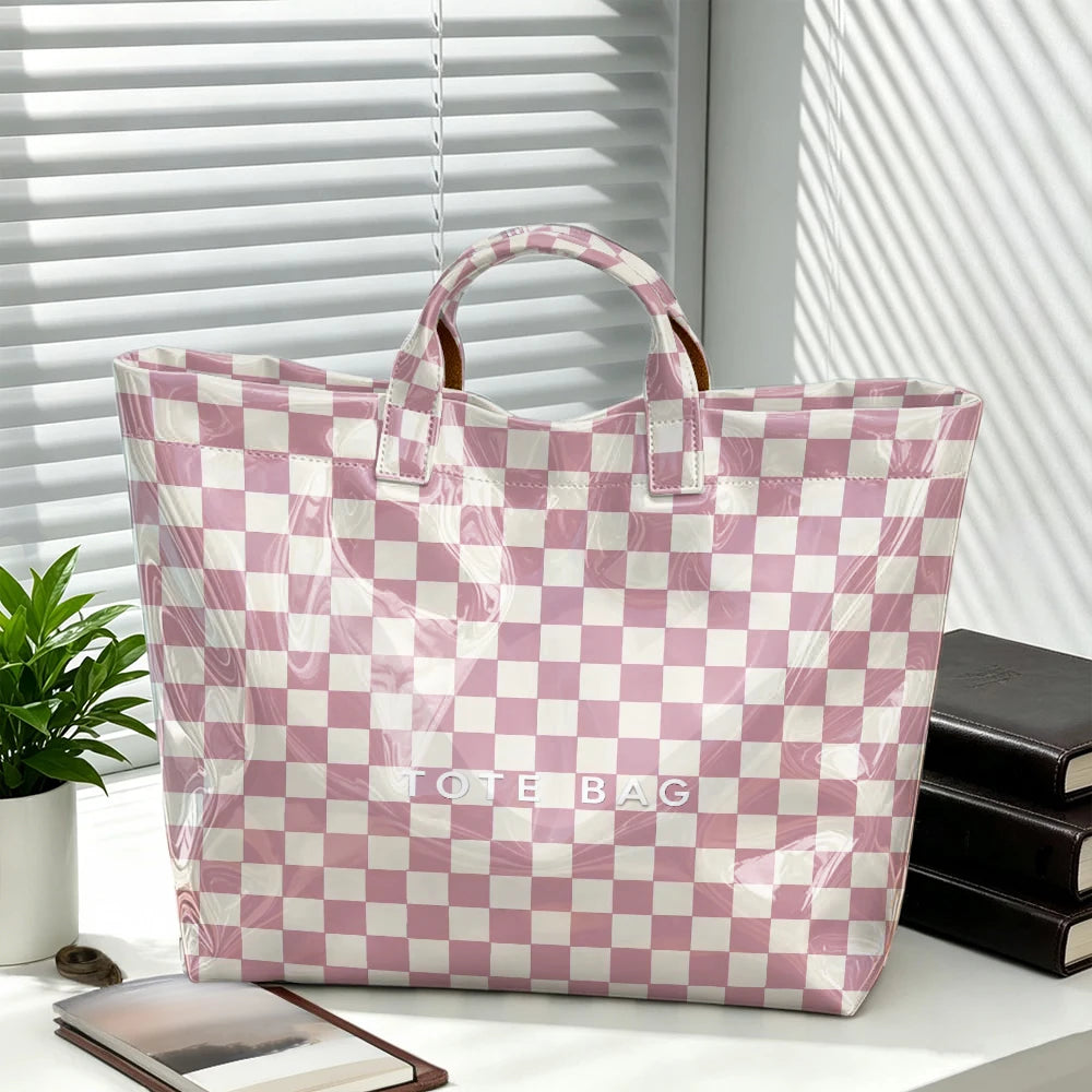 1pc Pink Plaid Printed Tote Bag, Large-Capacity Waterproof Travel Bag, PVC Material, Suitable for Clothing, Cosmetics, Accessories, Parties, Leisure Portable Shopping Bags, Student Party Office Workers Commuting Bags