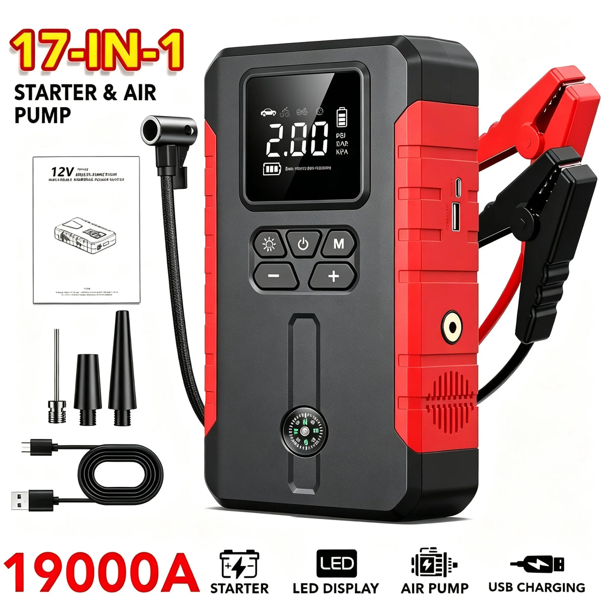 15000A-19000A Peak 350PSI 12V 17-in-1 Portable Jump Starter with Air Compressor Jump Starter, Car Battery Charger, Car Jump Starter with Air Compressor, Jump Starter Para, Car Accessories Tools, LED Light, Battery Charger, Ca