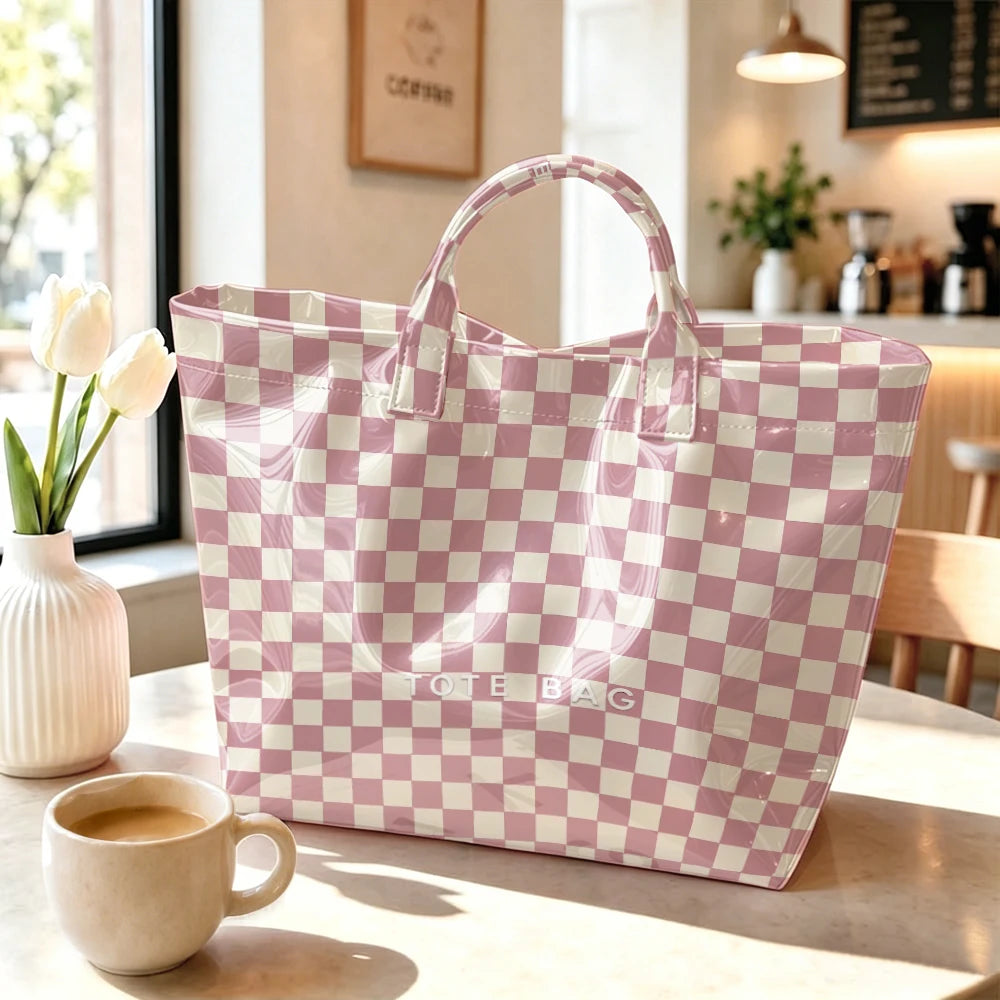 1pc Pink Plaid Printed Tote Bag, Large-Capacity Waterproof Travel Bag, PVC Material, Suitable for Clothing, Cosmetics, Accessories, Parties, Leisure Portable Shopping Bags, Student Party Office Workers Commuting Bags