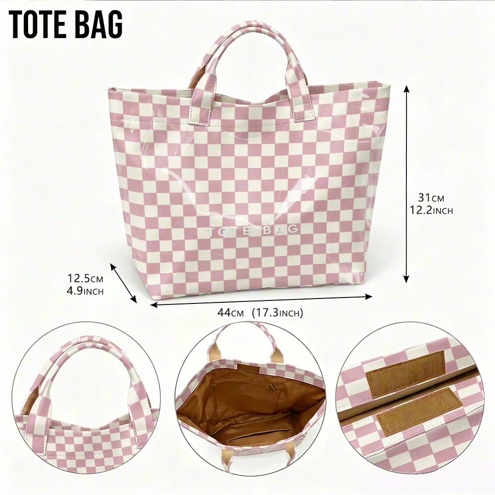 1pc Pink Plaid Printed Tote Bag, Large-Capacity Waterproof Travel Bag, PVC Material, Suitable for Clothing, Cosmetics, Accessories, Parties, Leisure Portable Shopping Bags, Student Party Office Workers Commuting Bags