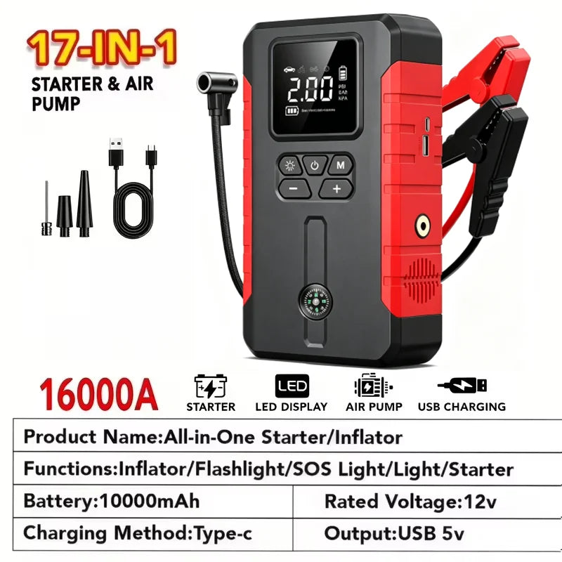 15000A-19000A Peak 350PSI 12V 17-in-1 Portable Jump Starter with Air Compressor Jump Starter, Car Battery Charger, Car Jump Starter with Air Compressor, Jump Starter Para, Car Accessories Tools, LED Light, Battery Charger, Ca