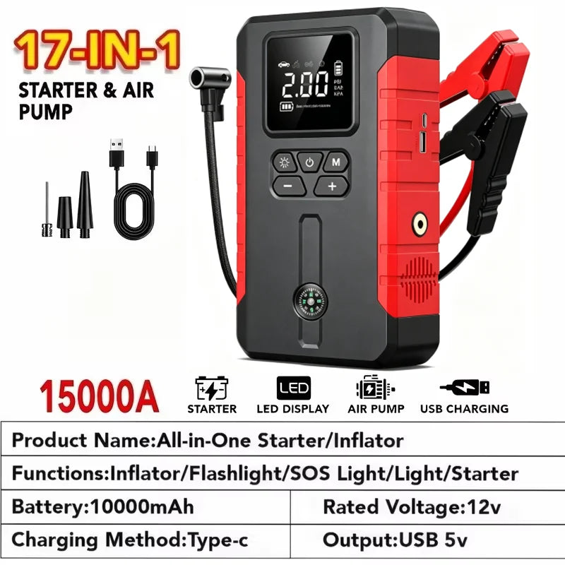 15000A-19000A Peak 350PSI 12V 17-in-1 Portable Jump Starter with Air Compressor Jump Starter, Car Battery Charger, Car Jump Starter with Air Compressor, Jump Starter Para, Car Accessories Tools, LED Light, Battery Charger, Ca