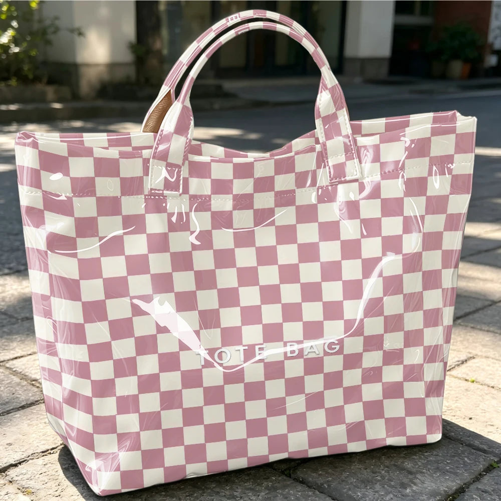 1pc Pink Plaid Printed Tote Bag, Large-Capacity Waterproof Travel Bag, PVC Material, Suitable for Clothing, Cosmetics, Accessories, Parties, Leisure Portable Shopping Bags, Student Party Office Workers Commuting Bags