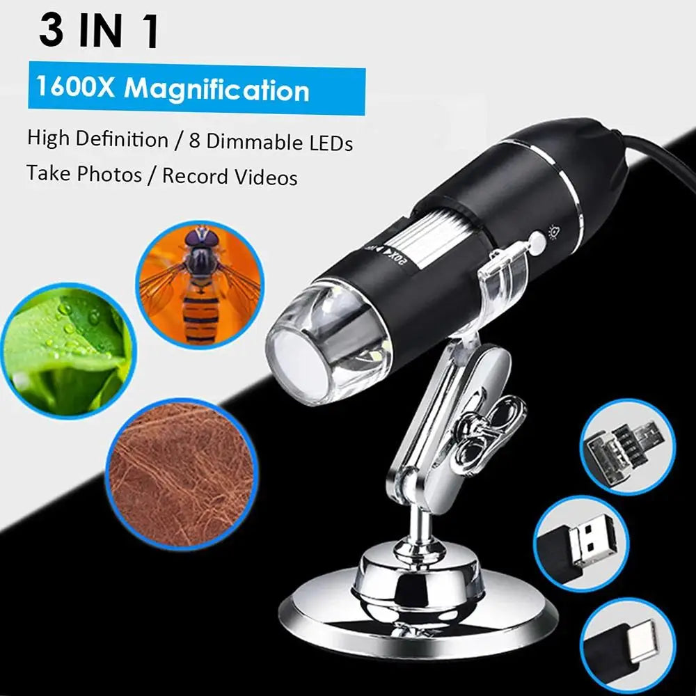 1600X USB Digital Microscope 8 LED HD Magnifier Camera 3-In-1 Type-C Micro USB For Android PC Electronics Jewelry Coin Inspection