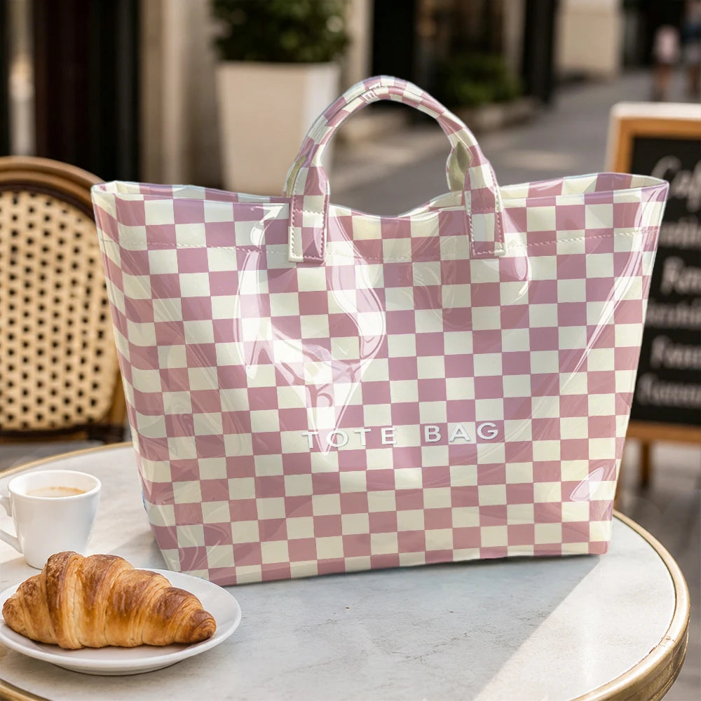1pc Pink Plaid Printed Tote Bag, Large-Capacity Waterproof Travel Bag, PVC Material, Suitable for Clothing, Cosmetics, Accessories, Parties, Leisure Portable Shopping Bags, Student Party Office Workers Commuting Bags
