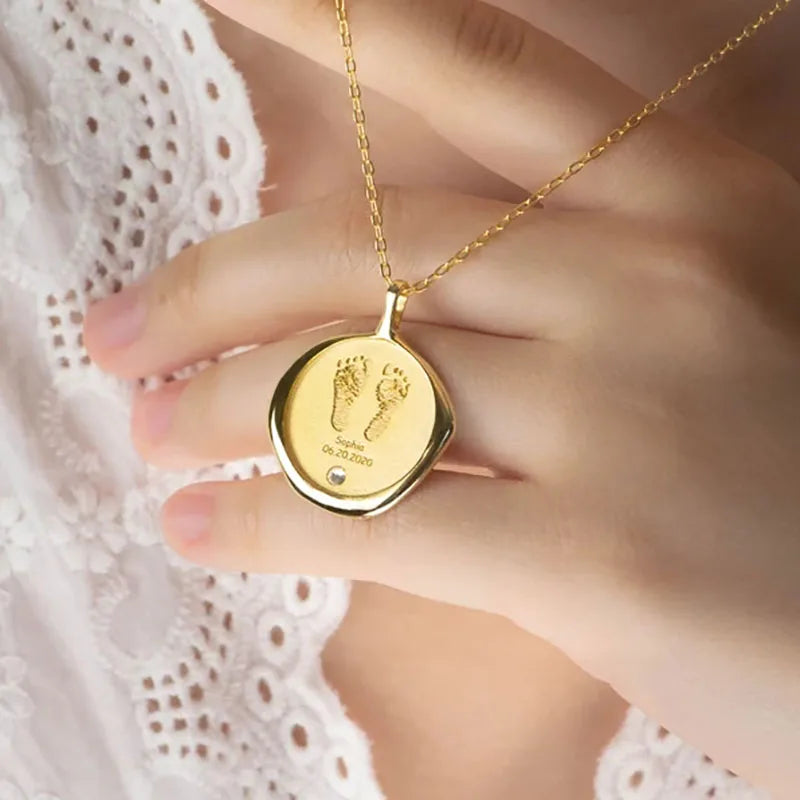 Custom Baby Footprint Necklace Stamp Gold Stainless Steel Birthstone Pendant Personalized Handprint Kids Name Jewelry Gift