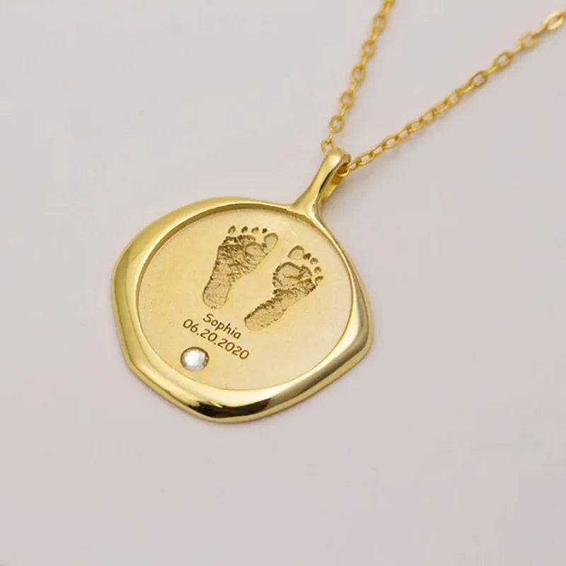 Custom Baby Footprint Necklace Stamp Gold Stainless Steel Birthstone Pendant Personalized Handprint Kids Name Jewelry Gift
