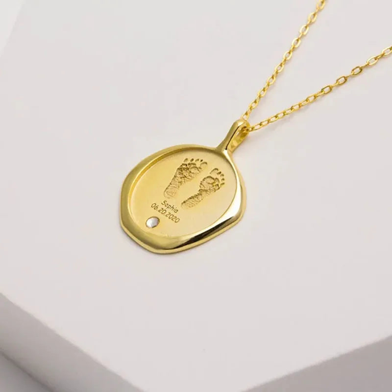 Custom Baby Footprint Necklace Stamp Gold Stainless Steel Birthstone Pendant Personalized Handprint Kids Name Jewelry Gift
