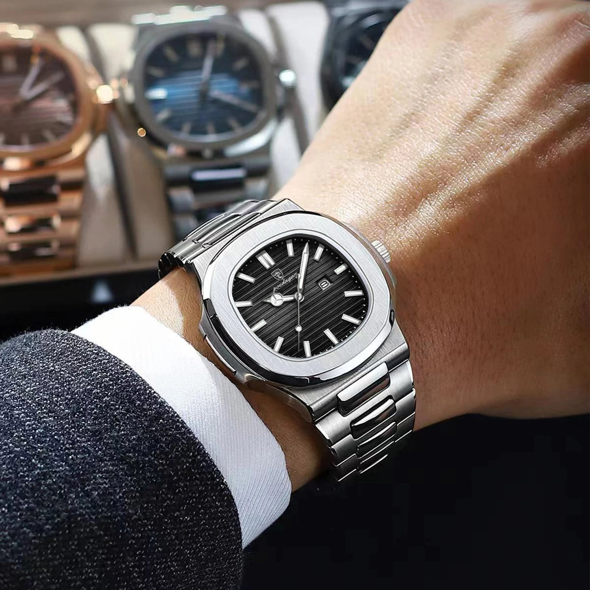 POEDAGAR Square Luxury Men Wristwatch Waterproof Luminous Date High Quality Stainless Steel Male Clock Business Sports Quartz Watches For Men Reloj Hombre