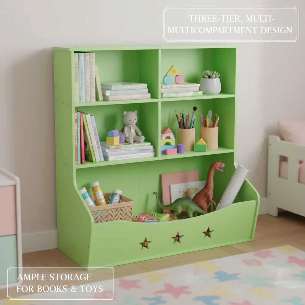 3-Layer Light Green PVC Board Kids Bookcase, Children's Open Shelf Storage for Bedroom Playroom, Star Pattern 3-Tier Book Display with Bottom Space, Anti-Tip Freestanding Book Shelf for Home Reading Corner, 79x36.5x82.5cm