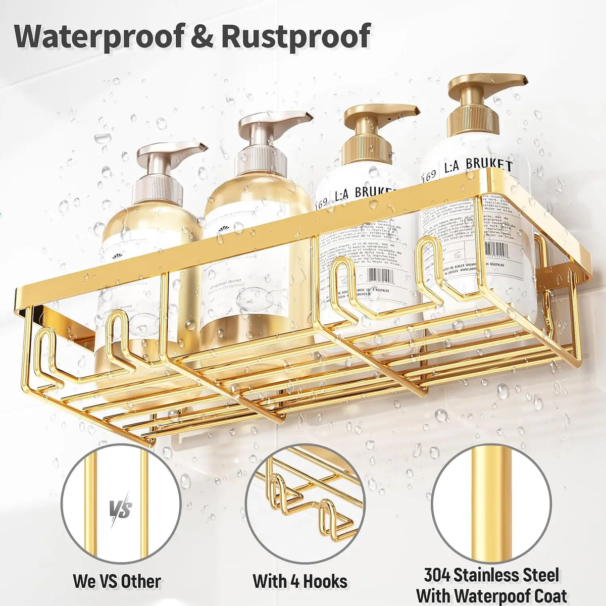Shower Caddy Adhesive, 5 Pack Rustproof Stainless Steel Shower Shelves with Large Capacity, No Drilling Bathroom Organizers and Storage for Home Decor, Golden