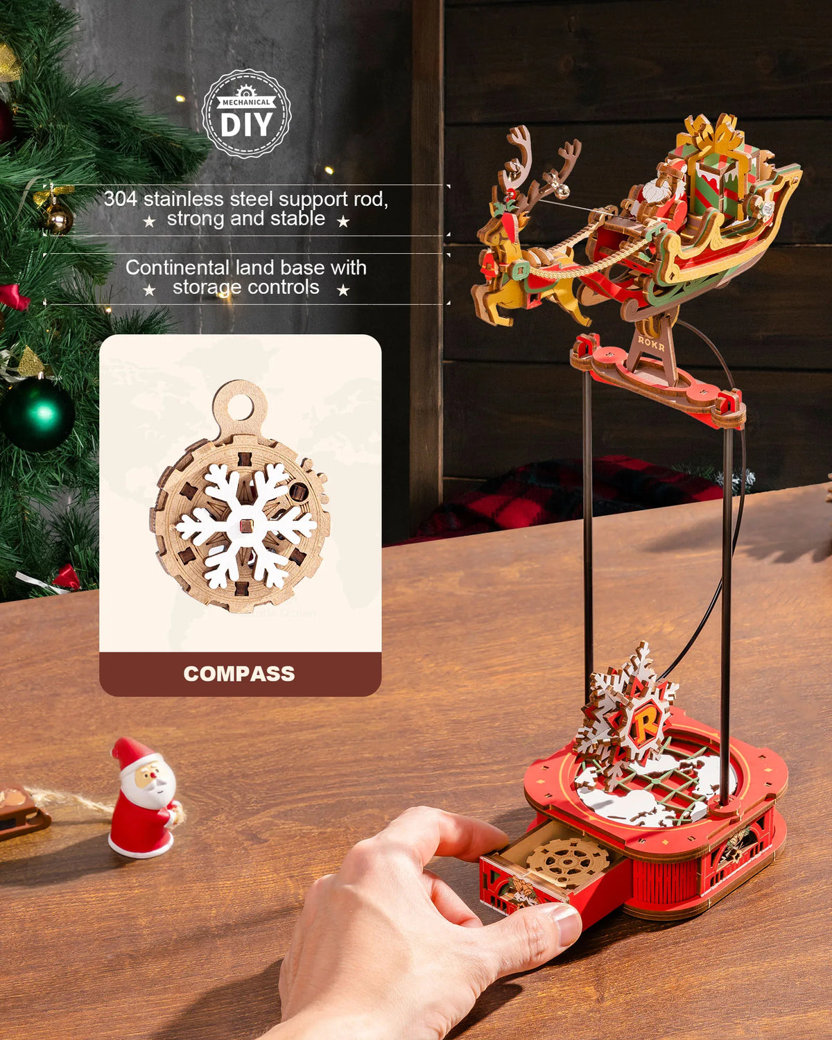 ROKR Wooden 3D Puzzle Santa on Sleigh Pendulum Dynamic Balance Toy 141-Piece DIY Model Building Kit for Desktop Decor Gift for Adults Kids