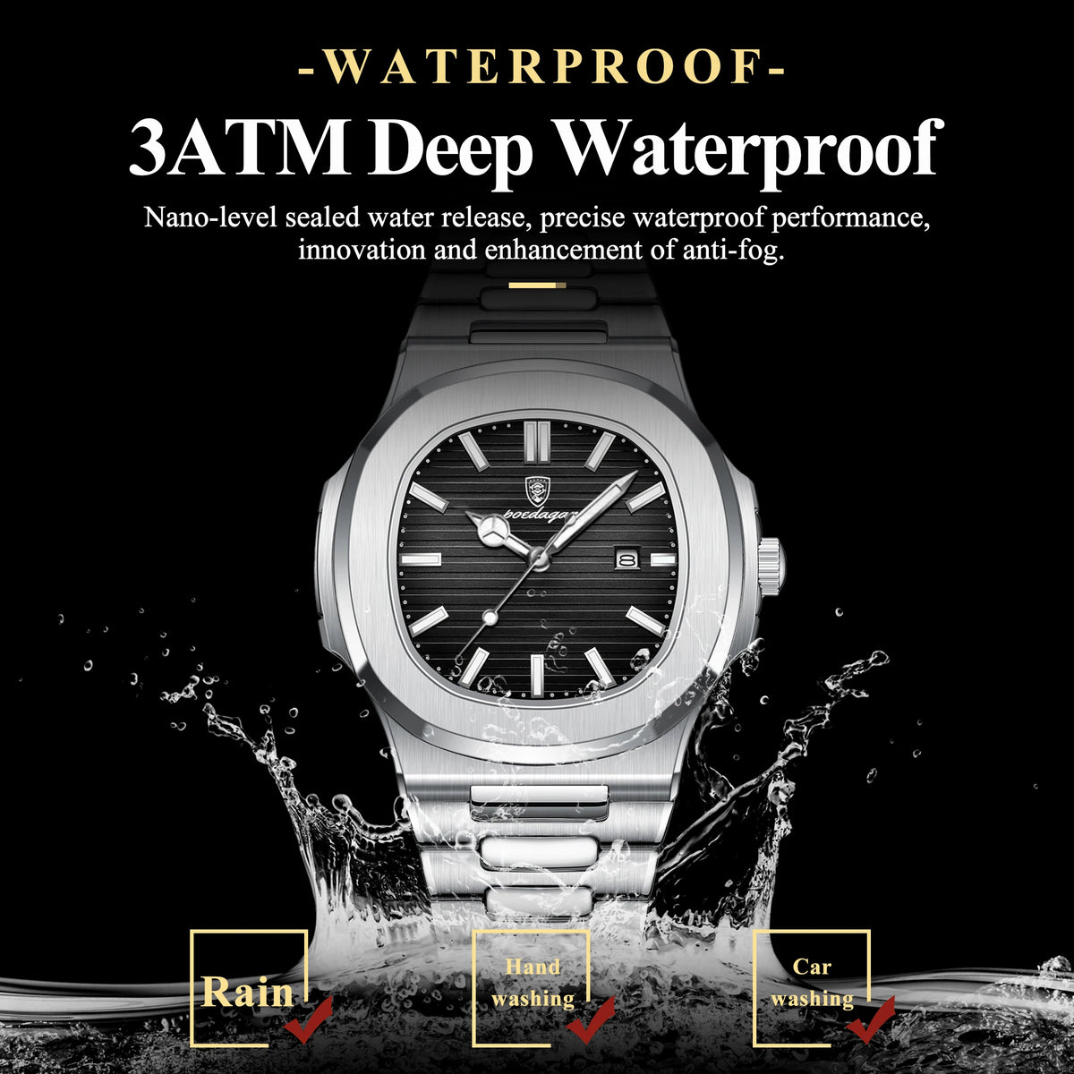 POEDAGAR Square Luxury Men Wristwatch Waterproof Luminous Date High Quality Stainless Steel Male Clock Business Sports Quartz Watches For Men Reloj Hombre