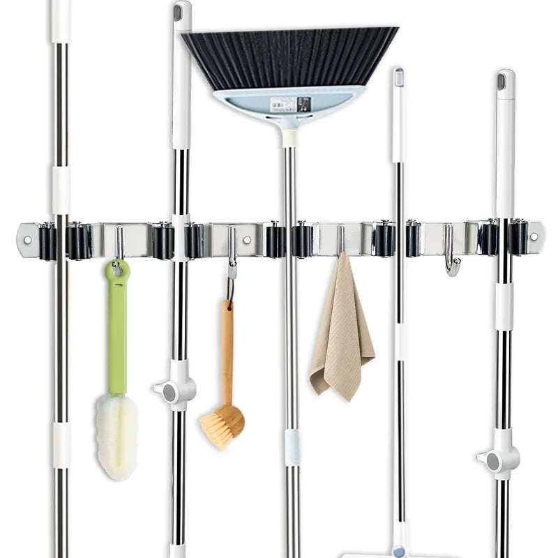 4-Hook Adhesive Broom Mop Organizer Stainless Steel Wall-Mounted Non-Slip Rack Storage Solution for Home Kitchen Garden Laundry