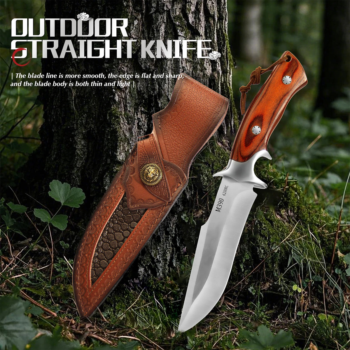 M390 Fixed Blade Hunting Knife with Wood Handle Leather Sheath Outdoor Camping Bowie Knife Gift for Men