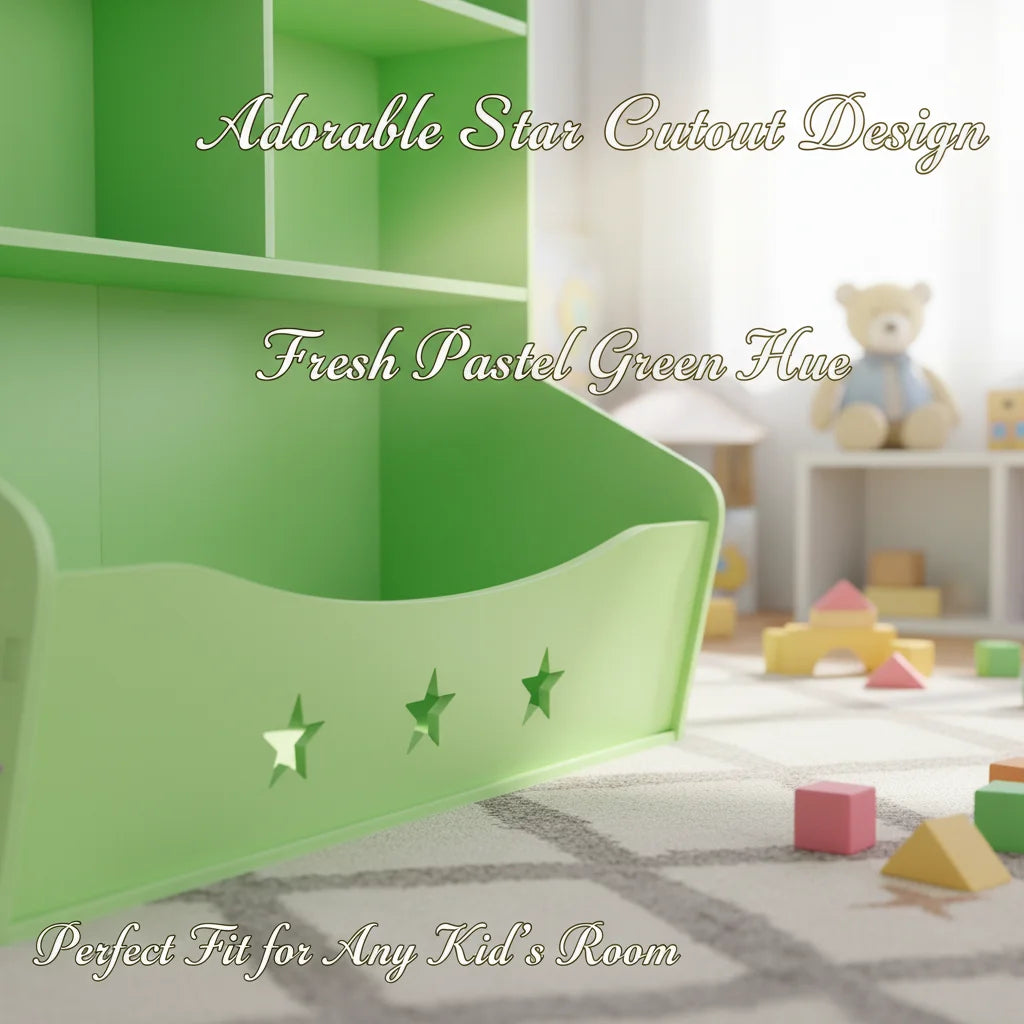 3-Layer Light Green PVC Board Kids Bookcase, Children's Open Shelf Storage for Bedroom Playroom, Star Pattern 3-Tier Book Display with Bottom Space, Anti-Tip Freestanding Book Shelf for Home Reading Corner, 79x36.5x82.5cm