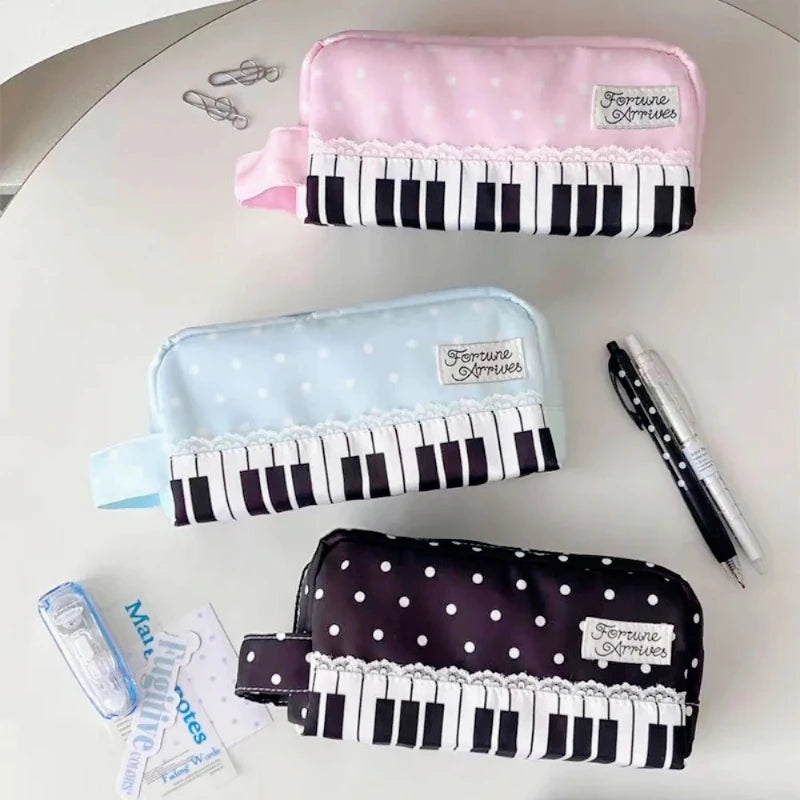 Kawaii Polka Dot Piano Key Print Pencil Case With Handle Large Capacity Pencil Pouch Stationery Pouch Gift School Supplies Girls