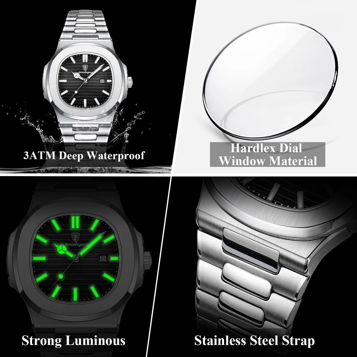 POEDAGAR Square Luxury Men Wristwatch Waterproof Luminous Date High Quality Stainless Steel Male Clock Business Sports Quartz Watches For Men Reloj Hombre