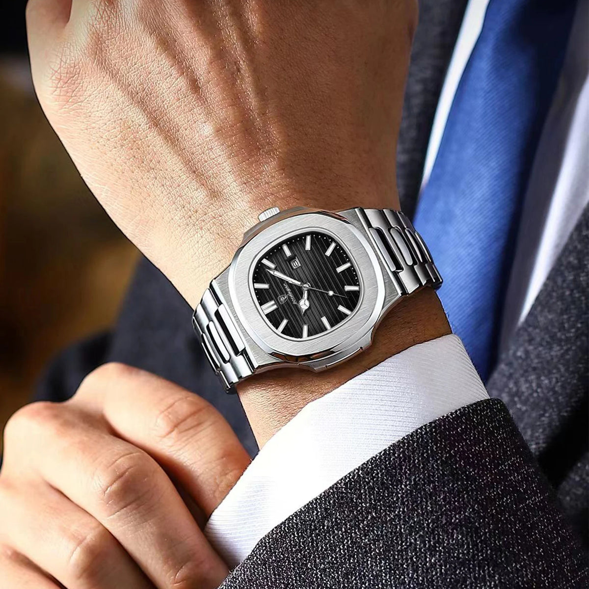 POEDAGAR Square Luxury Men Wristwatch Waterproof Luminous Date High Quality Stainless Steel Male Clock Business Sports Quartz Watches For Men Reloj Hombre