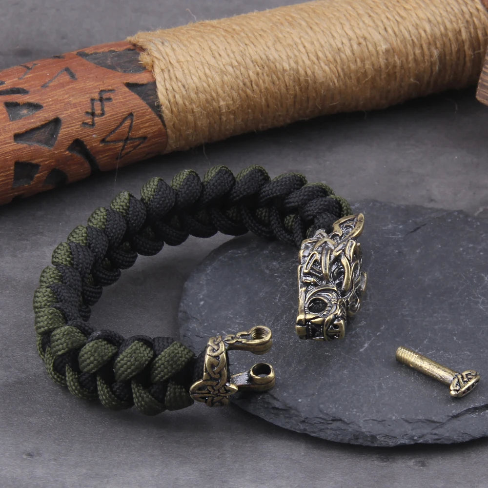 Never Fade Rock Viking Wolf Bracelet Men's handmade cord Wolf Bead Punk Bracelets Biker Jewelry