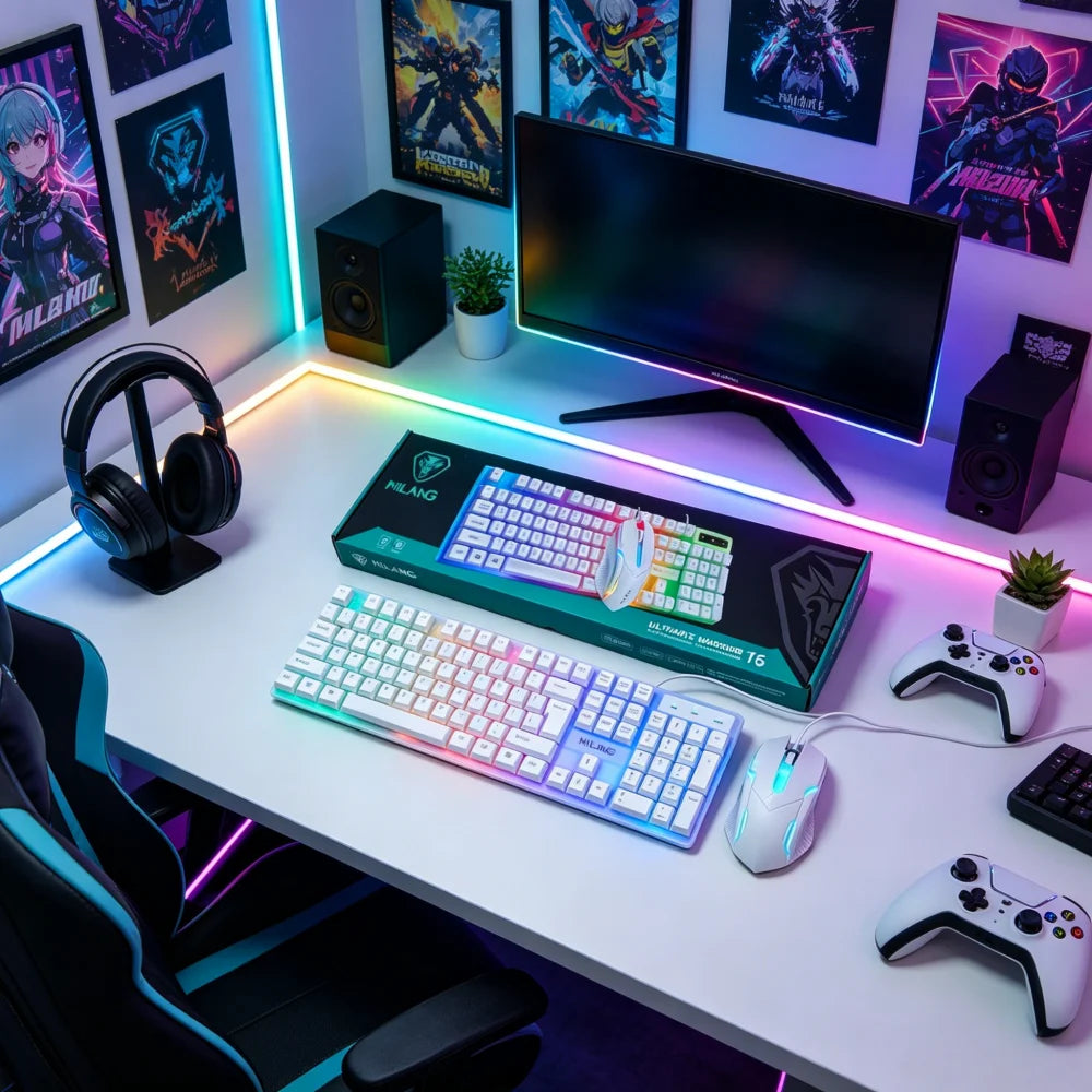 1pcsRGB Backlit Gaming Keyboard and Mouse Set, Wired 104-Key Mechanical-Feel Keyboard with LED Lighting, Ergonomic High-Precision Gaming Mouse, Plug-and-Play Keyboard and Mouse Combo for PC Gaming, Office Desk Accessories, Ho