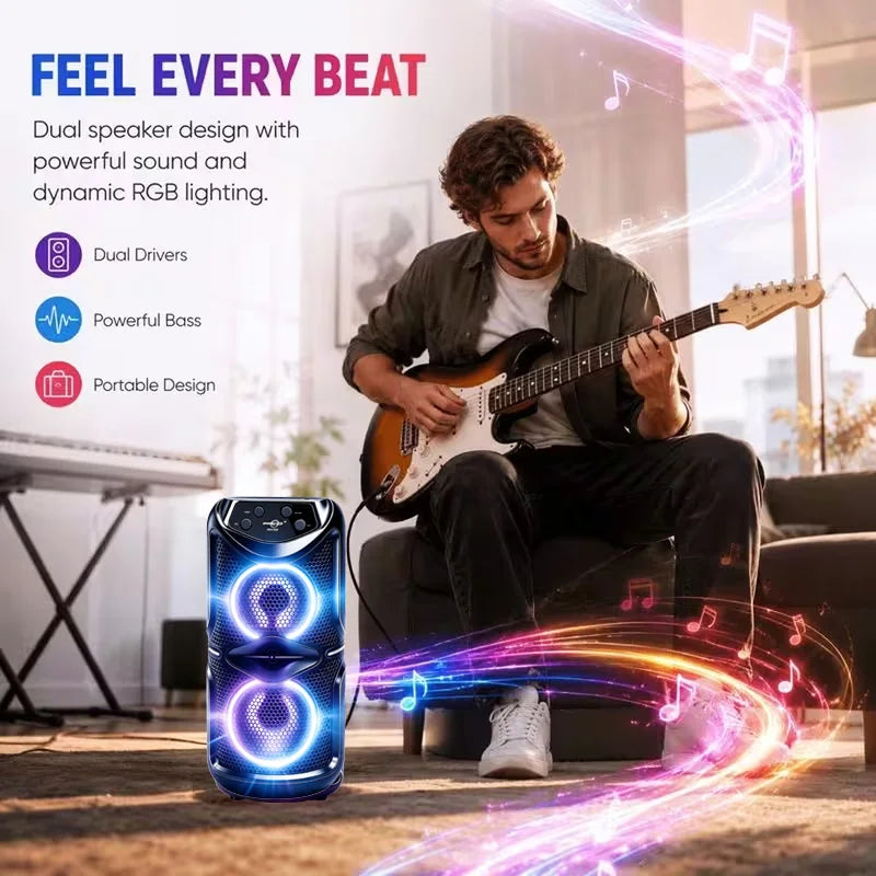 Portable wireless Bluetooth speaker with microphone and multi-mode colorful lights. Supports TF card, USB Type-C port and FM radio. Suitable for parties, outdoor camping, square dancing and other occasions. A lovely gift.