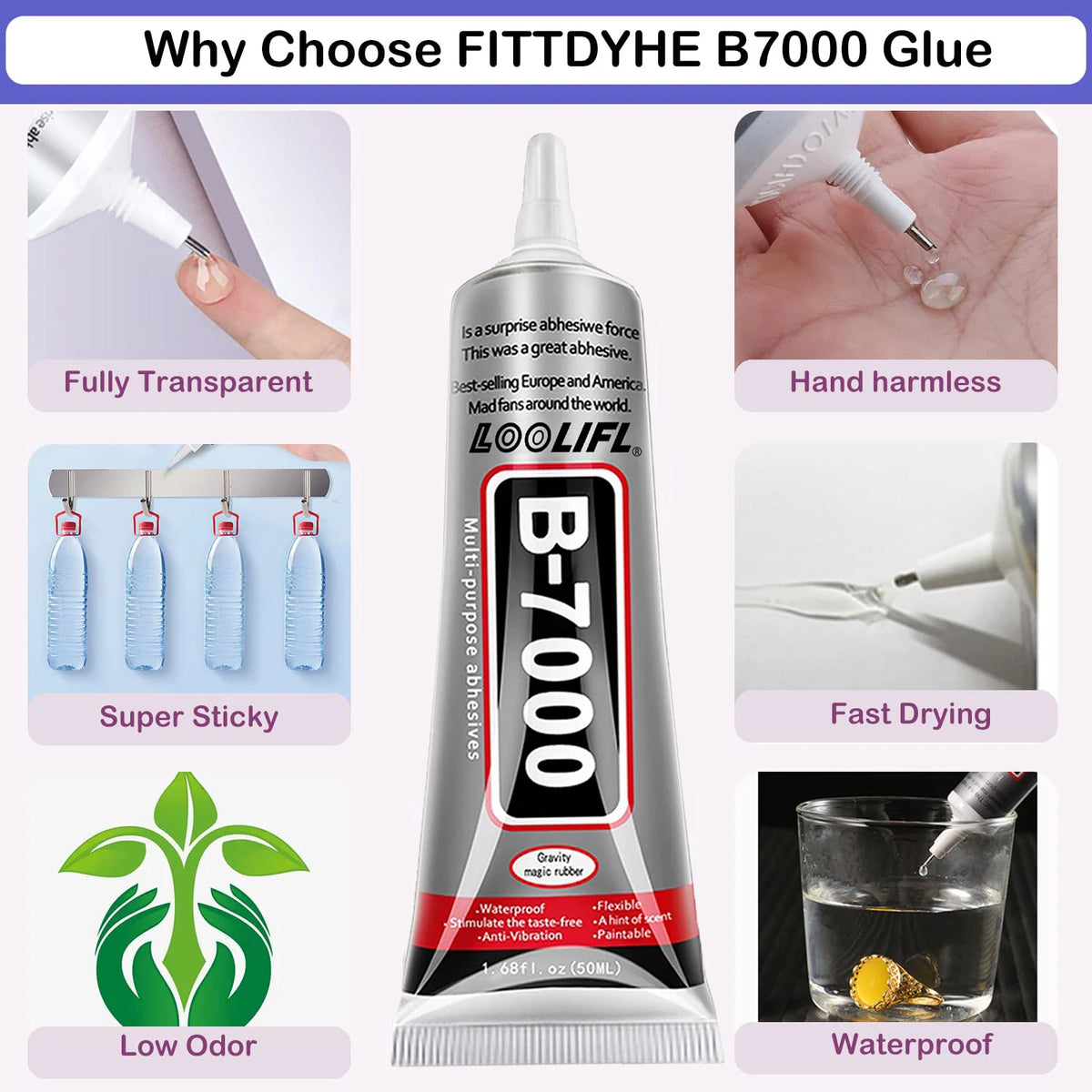 LOOLIFL 3 Pack 110ml B7000 Clear Glue, Multi-Purpose Adhesive with Rhinestones Kit, Precision Tips, Dotting Tools, Tweezers & Pencil for Bedazzling, Jewelry Making, Nail Art, Fabric, Shoes, Phone Repair & DIY Crafts