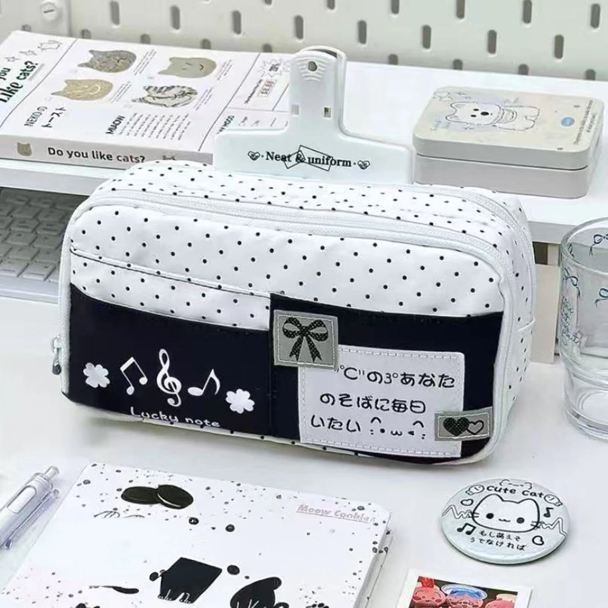 Cute Cat Polka Dot Pencil Case Blue Multi-Layer Large Capacity Pen Bag Portable Student School Stationery Storage Pouch