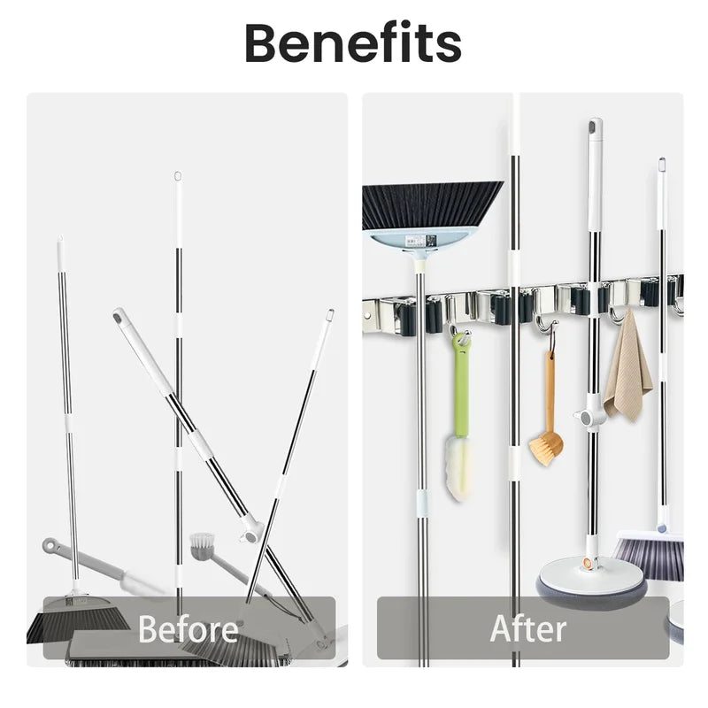 4-Hook Adhesive Broom Mop Organizer Stainless Steel Wall-Mounted Non-Slip Rack Storage Solution for Home Kitchen Garden Laundry