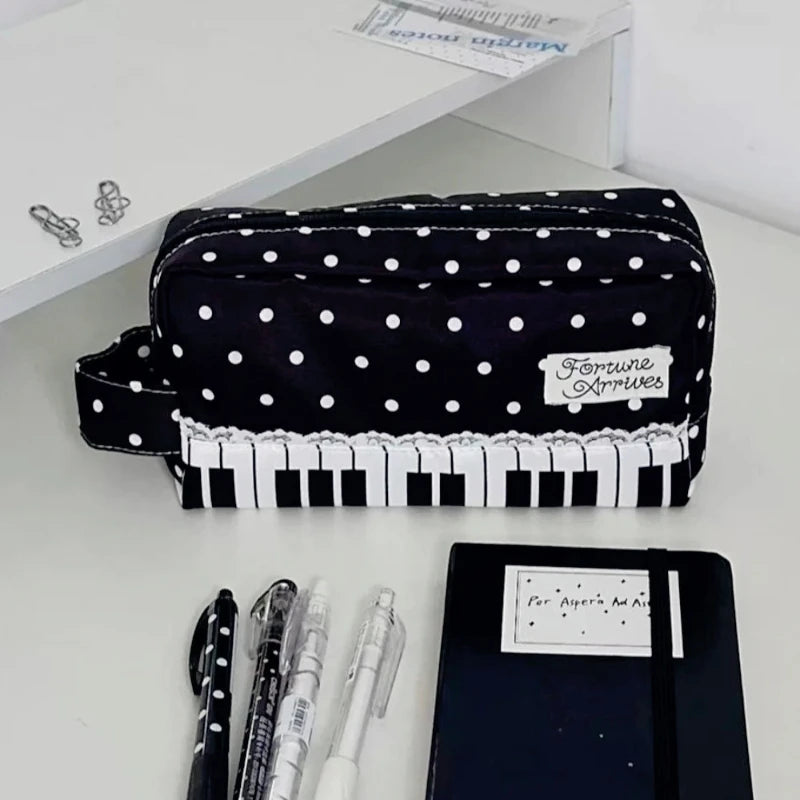 Kawaii Polka Dot Piano Key Print Pencil Case With Handle Large Capacity Pencil Pouch Stationery Pouch Gift School Supplies Girls
