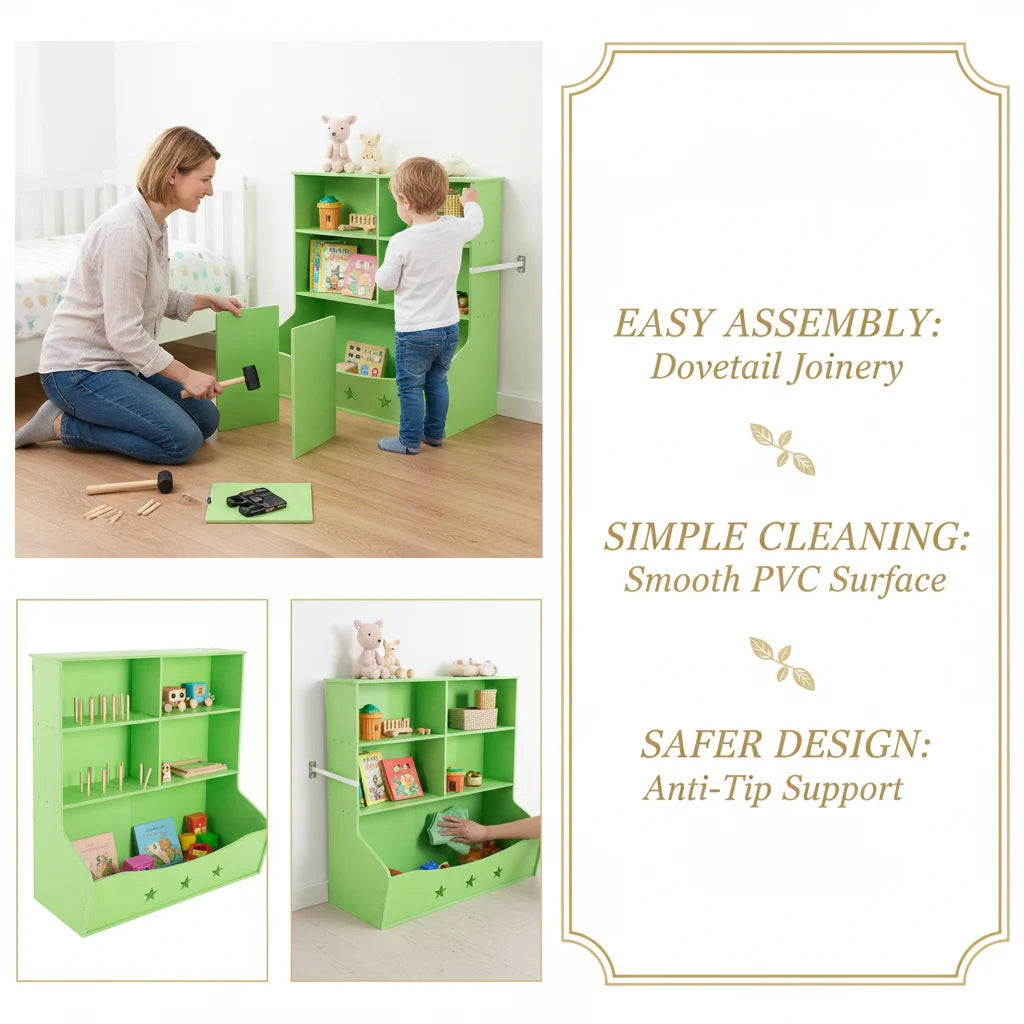 3-Layer Light Green PVC Board Kids Bookcase, Children's Open Shelf Storage for Bedroom Playroom, Star Pattern 3-Tier Book Display with Bottom Space, Anti-Tip Freestanding Book Shelf for Home Reading Corner, 79x36.5x82.5cm