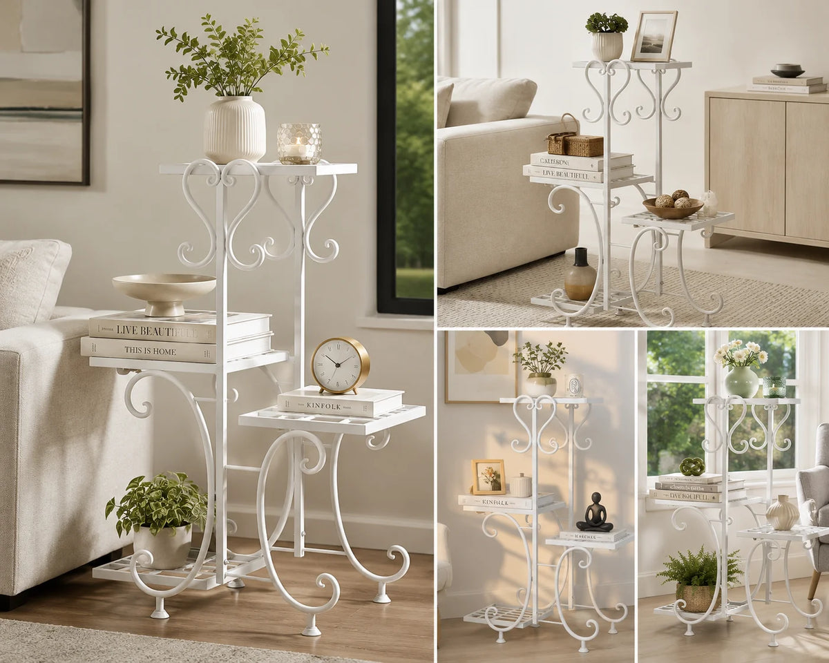 Decorative Metal Corner Display Shelf, 4-Tier Freestanding Accent Stand for Plants, Books, Candles, Storage Baskets & Home Decor