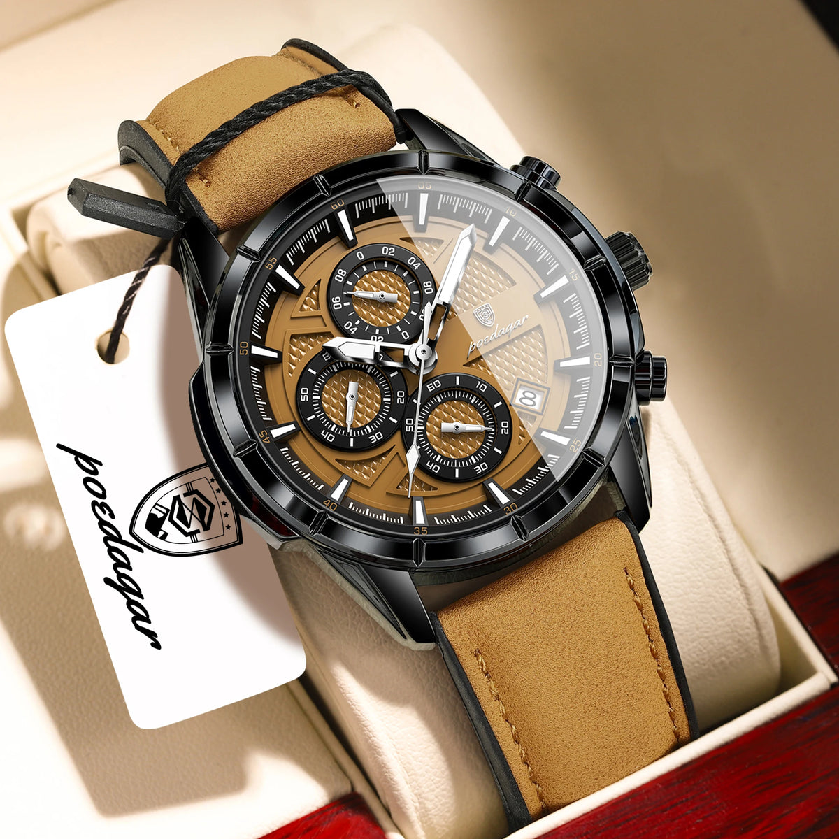 POEDAGAR Fashion Men Wristwatch Luminous Waterproof Leather Quartz Sports Men's Watches Date Chronograph Military Man Clock Gift