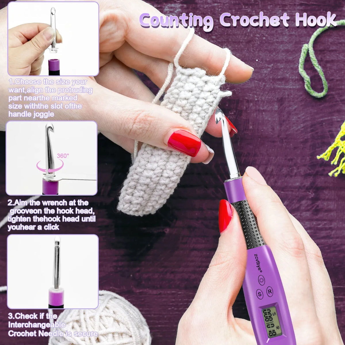 24PCS Crochet Hook Set With Counter Ergonomic Knitting Needles Kit with Led Light&Row Digital Counter DIY Tool for Knitting Hook