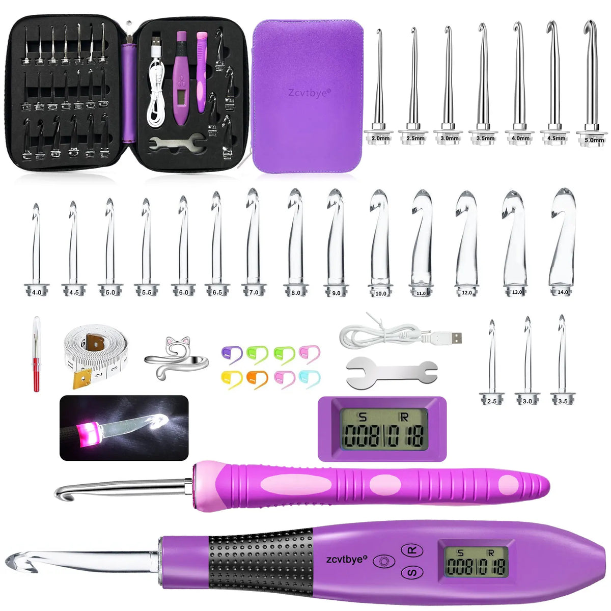 24PCS Crochet Hook Set With Counter Ergonomic Knitting Needles Kit with Led Light&Row Digital Counter DIY Tool for Knitting Hook
