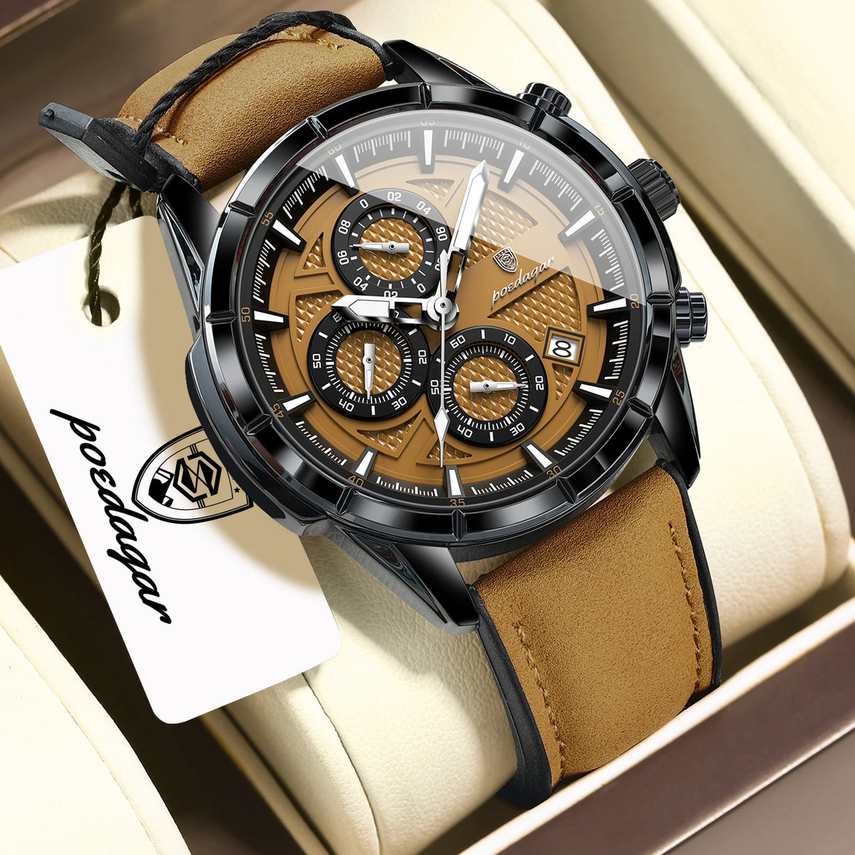 POEDAGAR Fashion Men Wristwatch Luminous Waterproof Leather Quartz Sports Men's Watches Date Chronograph Military Man Clock Gift
