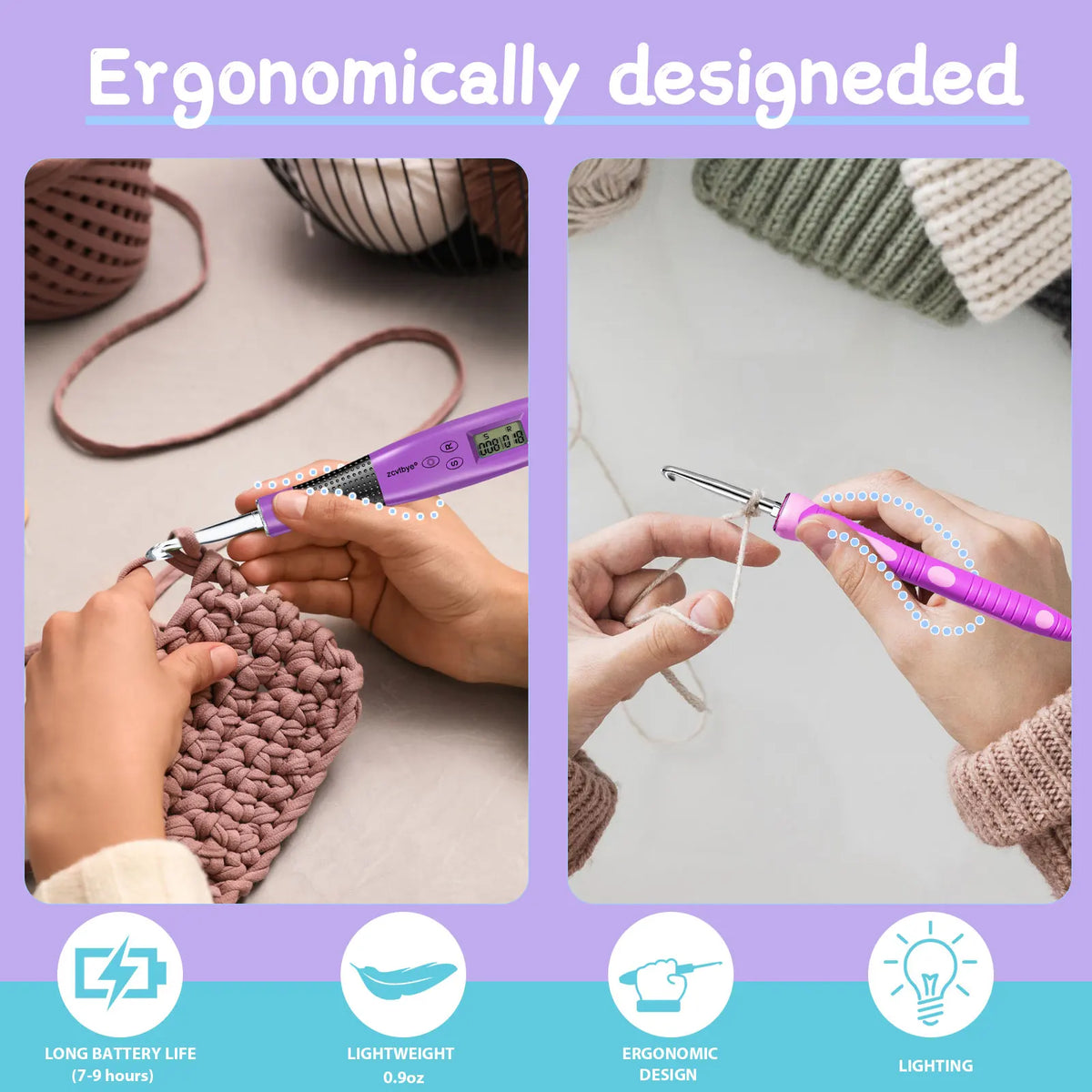 24PCS Crochet Hook Set With Counter Ergonomic Knitting Needles Kit with Led Light&Row Digital Counter DIY Tool for Knitting Hook