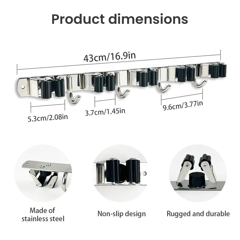 4-Hook Adhesive Broom Mop Organizer Stainless Steel Wall-Mounted Non-Slip Rack Storage Solution for Home Kitchen Garden Laundry