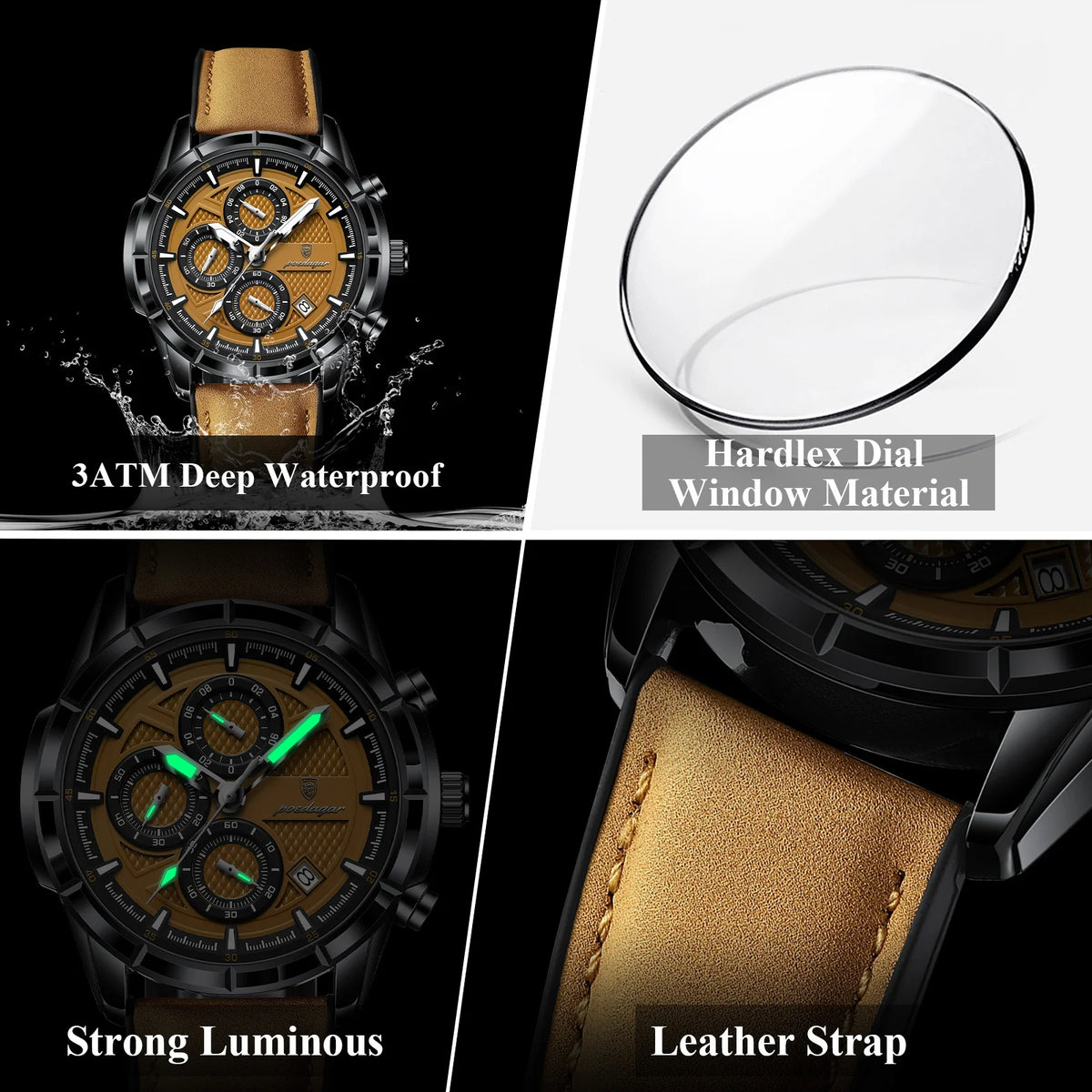 POEDAGAR Fashion Men Wristwatch Luminous Waterproof Leather Quartz Sports Men's Watches Date Chronograph Military Man Clock Gift