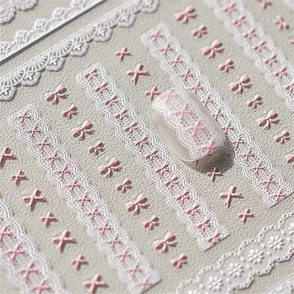 1pcs 5D Relief Kawaii Lace Nail Art Stickers Sweet Cool Japanese Lattice Nail Decoration Decals Self‑Adhesive Accessories DIY
