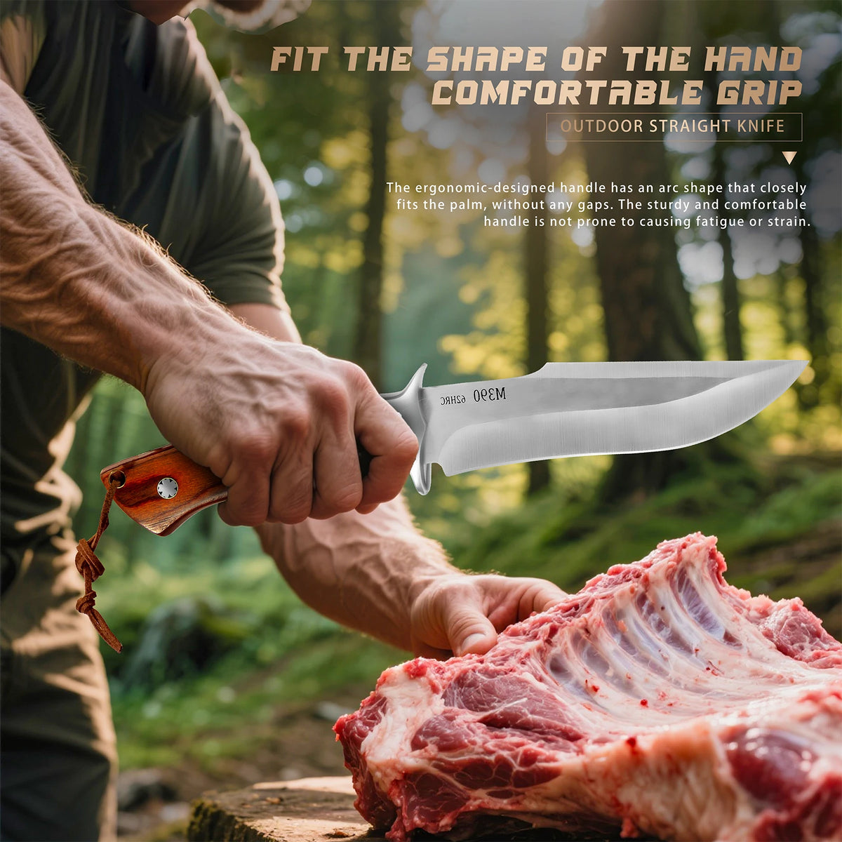 M390 Fixed Blade Hunting Knife with Wood Handle Leather Sheath Outdoor Camping Bowie Knife Gift for Men