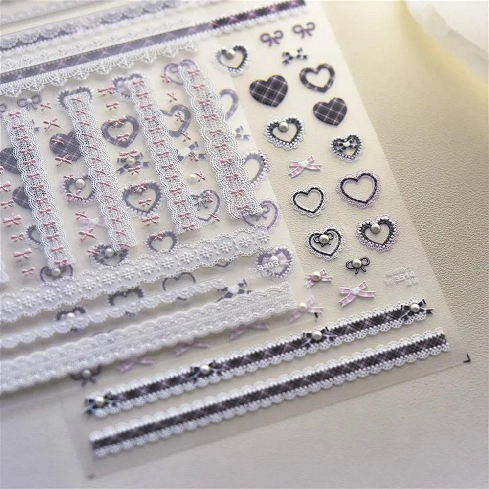 1pcs 5D Relief Kawaii Lace Nail Art Stickers Sweet Cool Japanese Lattice Nail Decoration Decals Self‑Adhesive Accessories DIY