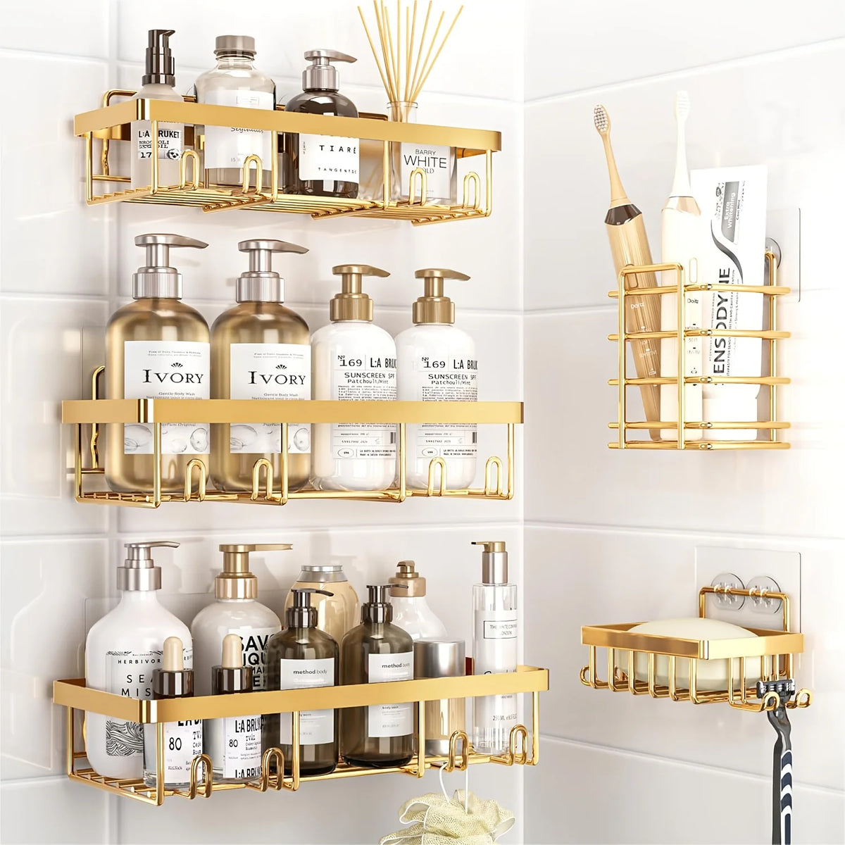 Shower Caddy Adhesive, 5 Pack Rustproof Stainless Steel Shower Shelves with Large Capacity, No Drilling Bathroom Organizers and Storage for Home Decor, Golden