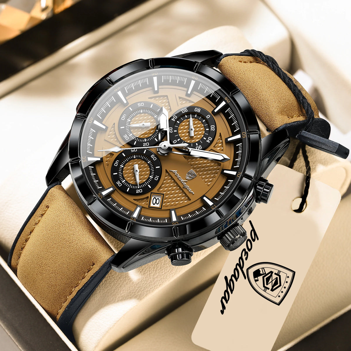 POEDAGAR Fashion Men Wristwatch Luminous Waterproof Leather Quartz Sports Men's Watches Date Chronograph Military Man Clock Gift
