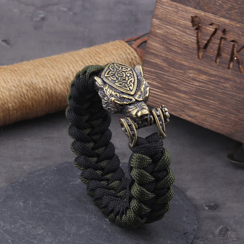 Never Fade Rock Viking Wolf Bracelet Men's handmade cord Wolf Bead Punk Bracelets Biker Jewelry