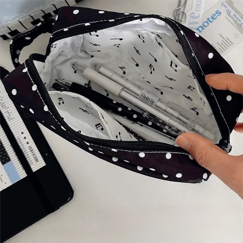 Kawaii Polka Dot Piano Key Print Pencil Case With Handle Large Capacity Pencil Pouch Stationery Pouch Gift School Supplies Girls