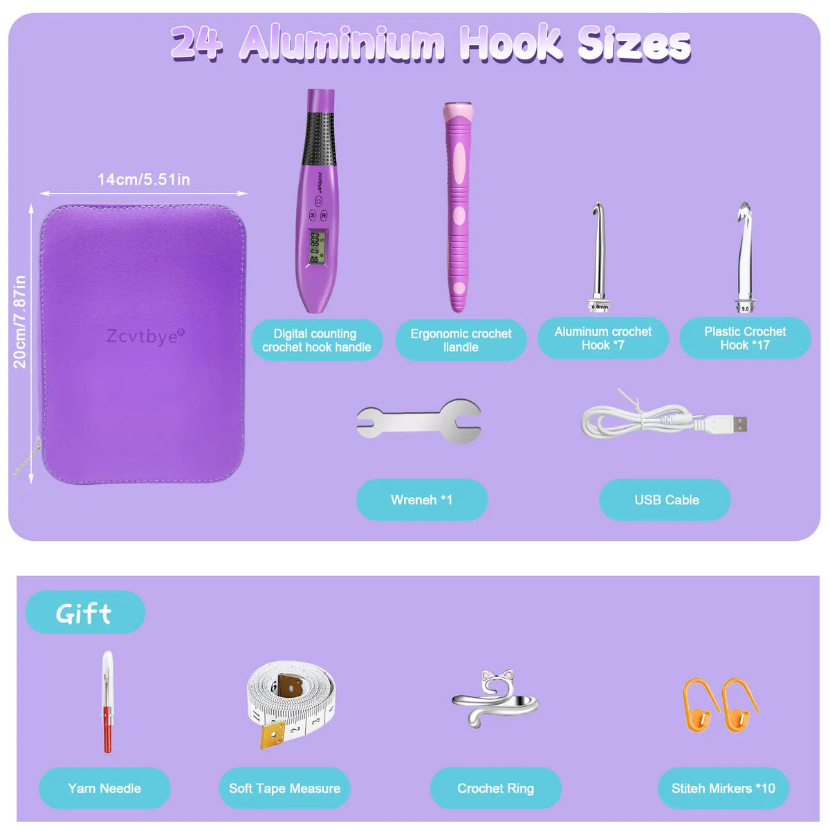 24PCS Crochet Hook Set With Counter Ergonomic Knitting Needles Kit with Led Light&Row Digital Counter DIY Tool for Knitting Hook