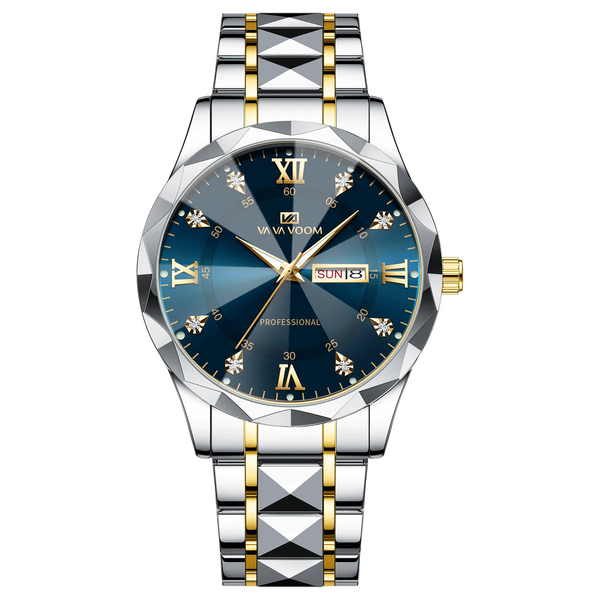 Stainless Steel Watch Men Dual Tone Strap 41mm Blue Rhinestone Dial Quartz Business Clock Suitable Dinners Dates Formal Watches