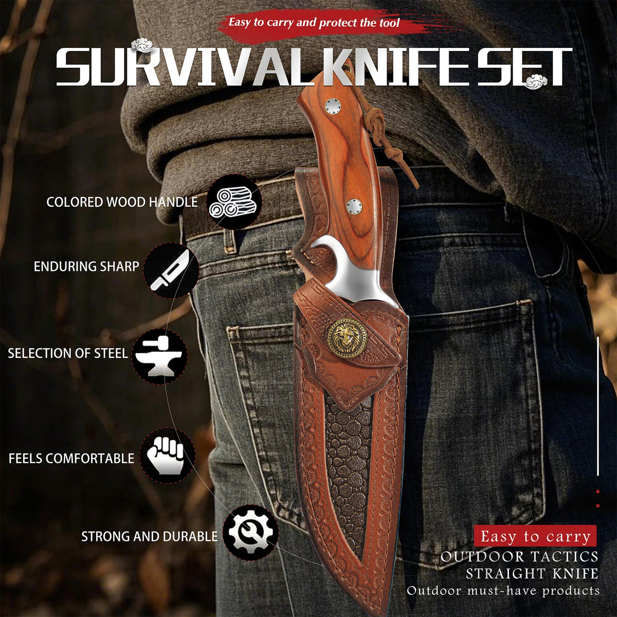 M390 Fixed Blade Hunting Knife with Wood Handle Leather Sheath Outdoor Camping Bowie Knife Gift for Men